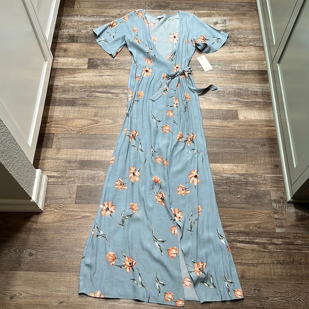 NWT • Tobi • powder blue floral wrap maxi dress